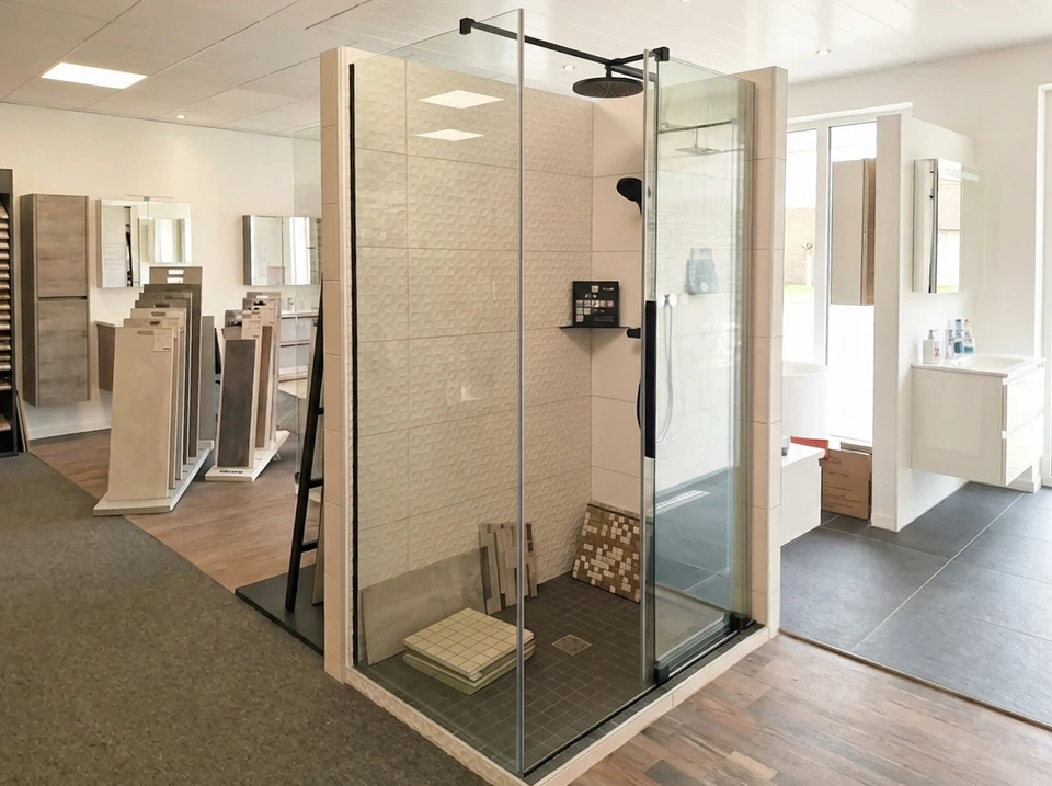 Salle de bain moderne haut de gamme avec douche &agrave; l'italienne vitr&eacute;e, vasque rectangulaire blanche sur plan de toilette, robinetterie chrom&eacute;e contemporaine