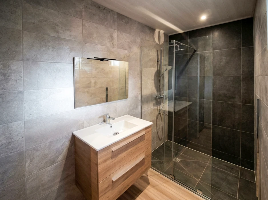 Salle de bains moderne avec douche à l'italienne, paroi en verre transparent