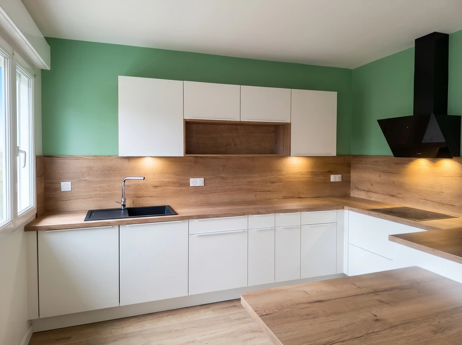 Intérieur de cuisine moderne avec plan de travail en granit moucheté
