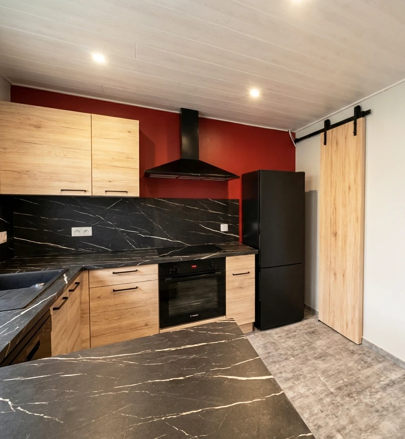 Couloir résidentiel moderne avec sol en carrelage imitation parquet bois clair