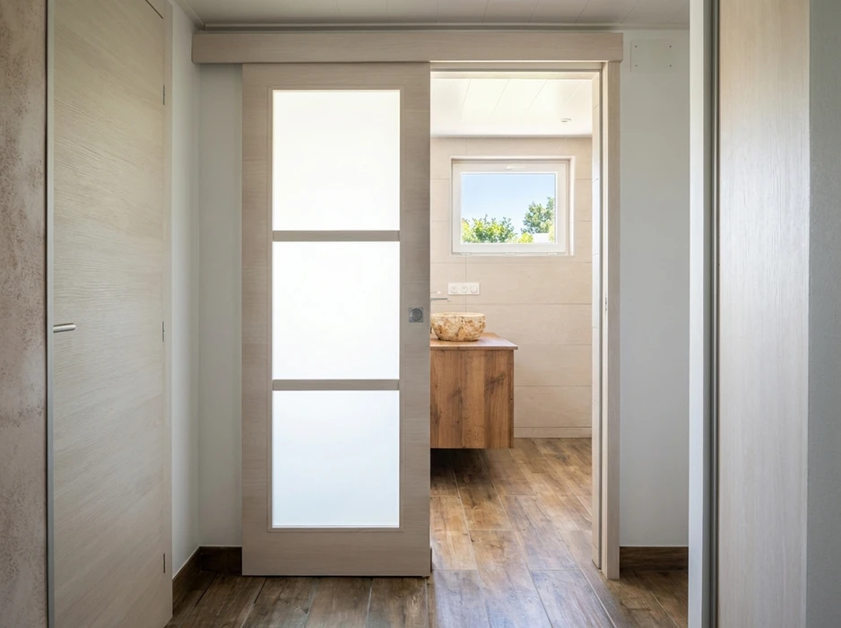 Salle de bain moderne avec meuble vasque suspendu en bois clair, plan vasque céramique blanc intégré, robinetterie monotrou chromée