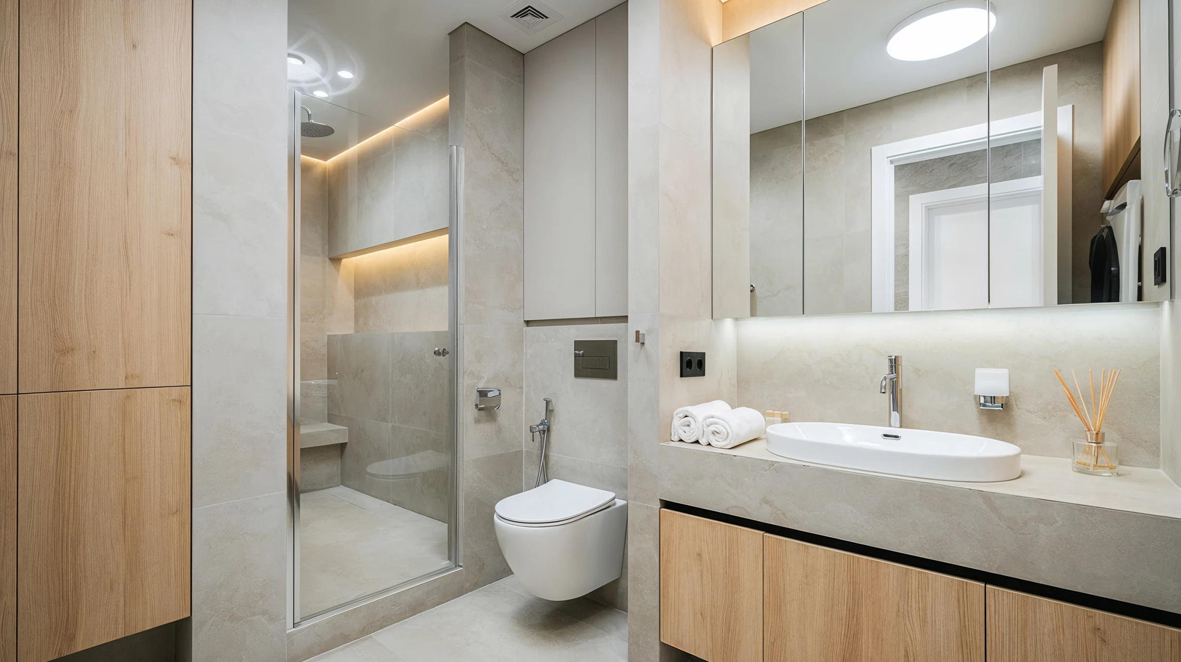 Intérieur de salle de bain moderne avec meuble vasque suspendu en bois massif, miroir circulaire rétroéclairé LED, murs gris anthracite