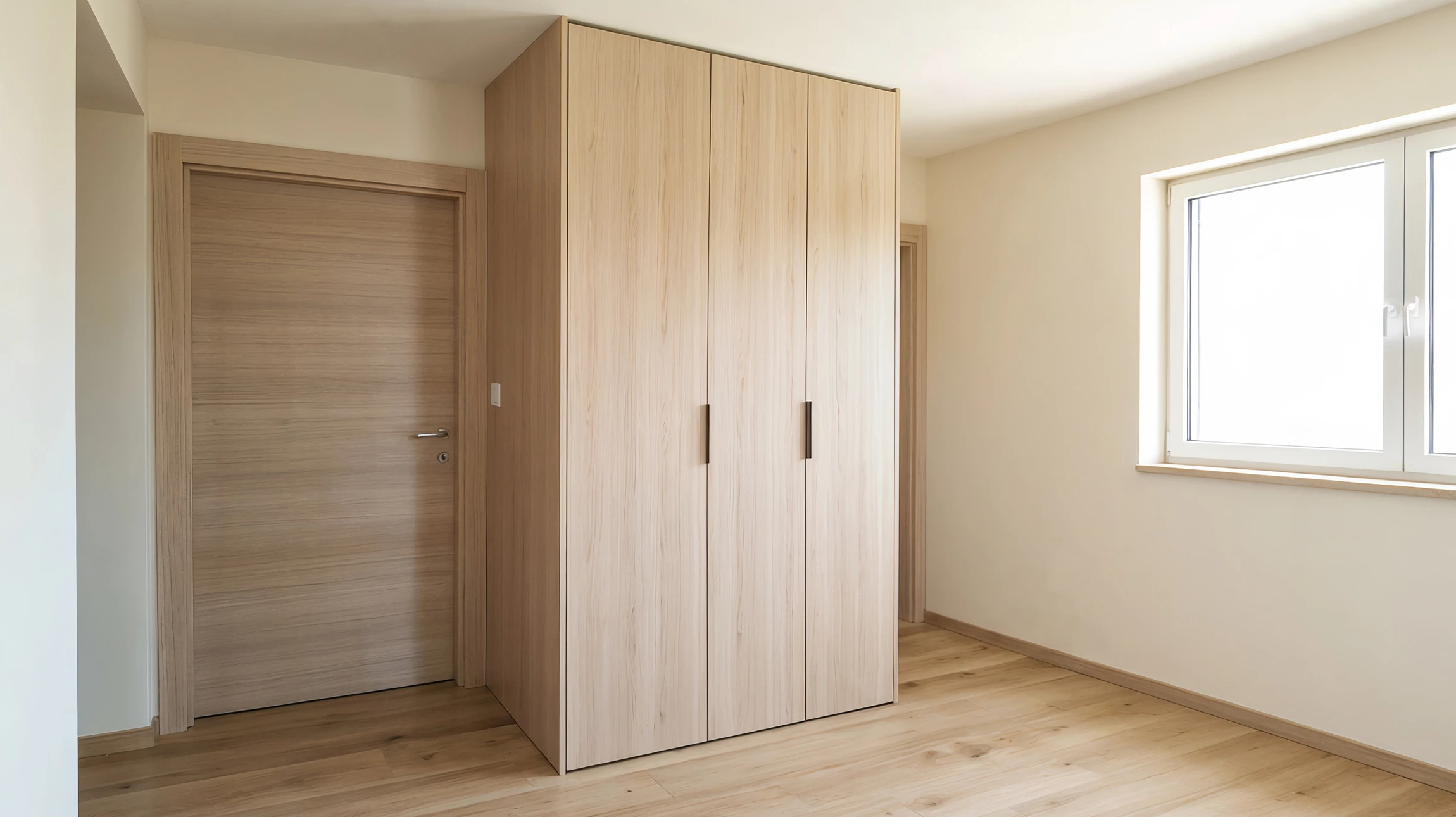 Cuisine moderne avec agencement en L, électroménagers blancs incluant réfrigérateur-congélateur, cuisinière électrique à plaques spiralées